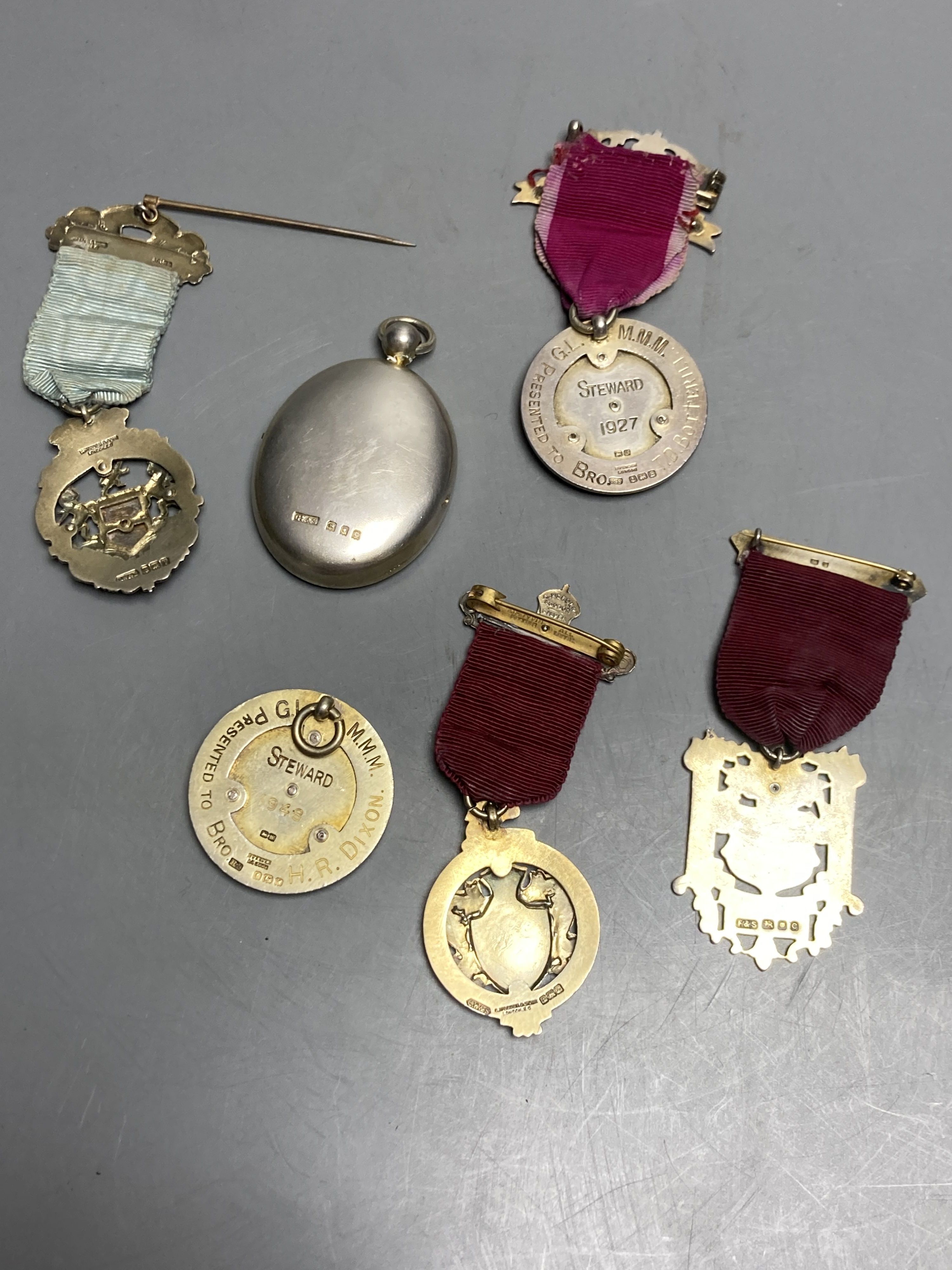 Six assorted early to mid 20th century silver and enamel masonic jewels,